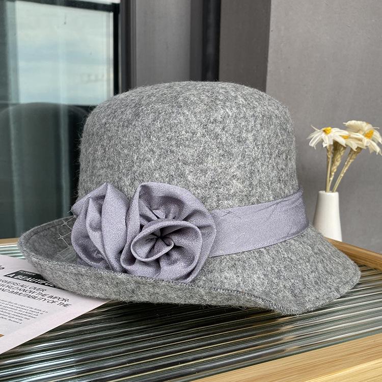 Autumn And Winter Satin Flower Woolen Hat Women'S Dome Curled Top Hat Women'S British Retro Bucket Hat