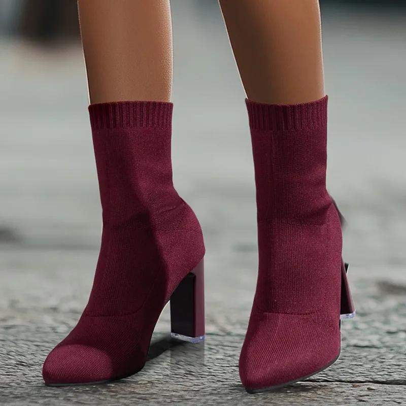 2024 Hot Sale Shoes for Women Sleeve Women's Boots Autumn Pointed Toe Solid Middle Barrel Chunky Heels Large Size Fashion Boots