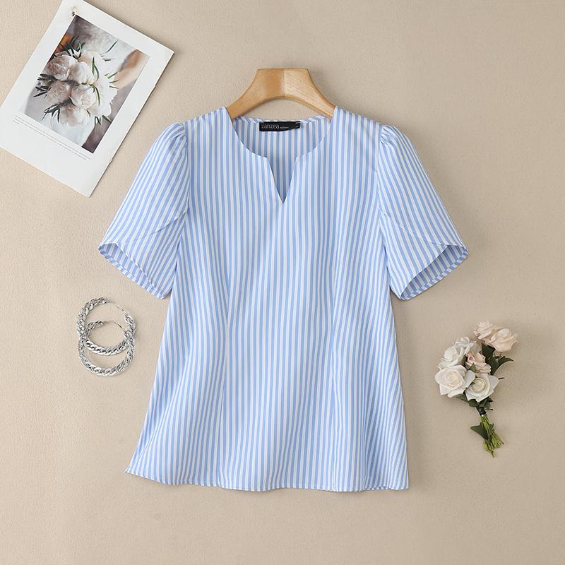 ZANZEA Women Casual V-Neck Loose Short Sleeve Stripe Blouse