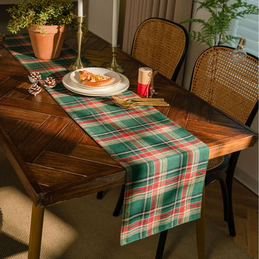 1pc Christmas Plaid Table Runner Cotton Linen Double Layer for Home Dinner Decor