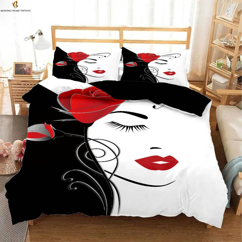 Valentine Day Romantic Red Rose Printing Quilt Cover Black White Color Matching Bedding Set Pillowcase Curtain Polyester