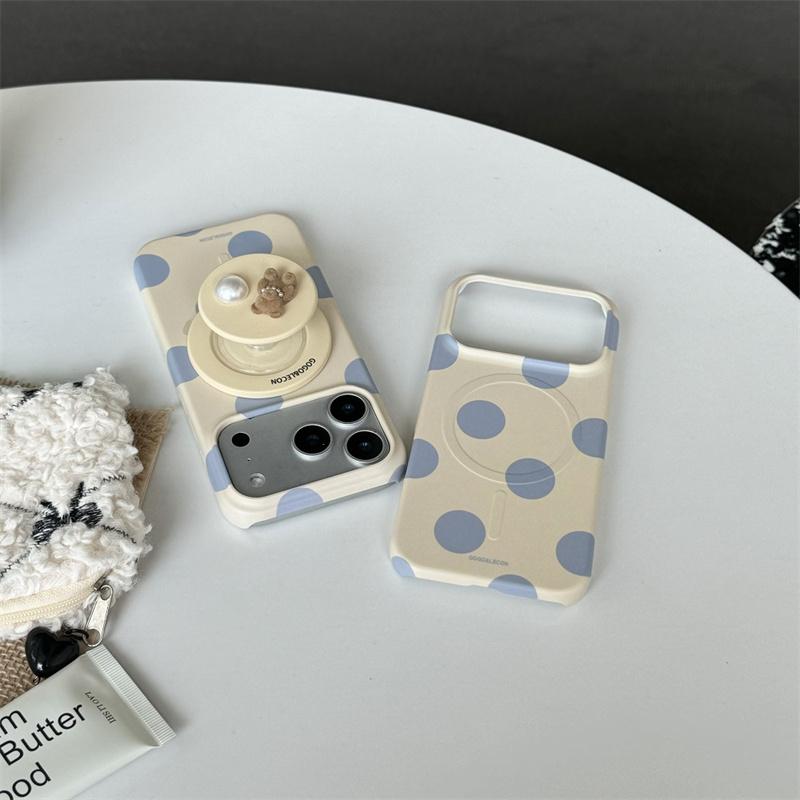 Soft Beige Gray Polka Dot For MagSafe Case With 3D Teddy Bear Pearl Pop Socket For iPhone 15 16 17 Pro Max INS Kawaii Shockproof