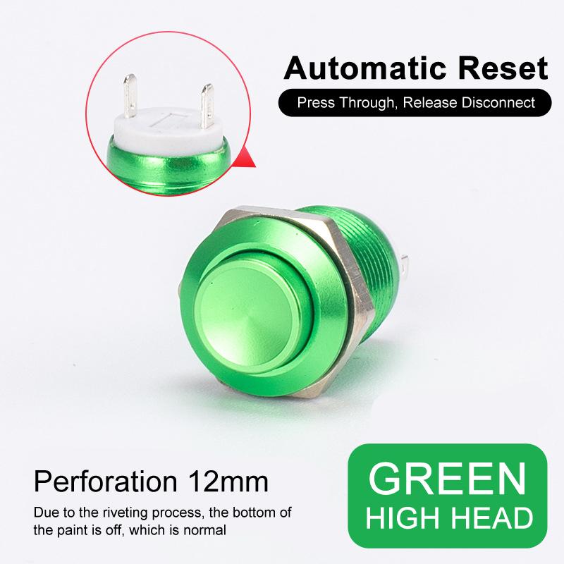 

2pcs 12mm Metal Push Button Switch Oxidized Color Self Reset/Instant Reset Flat Head/Tall Head 2 Pin Waterproof Normally Open high button зелений