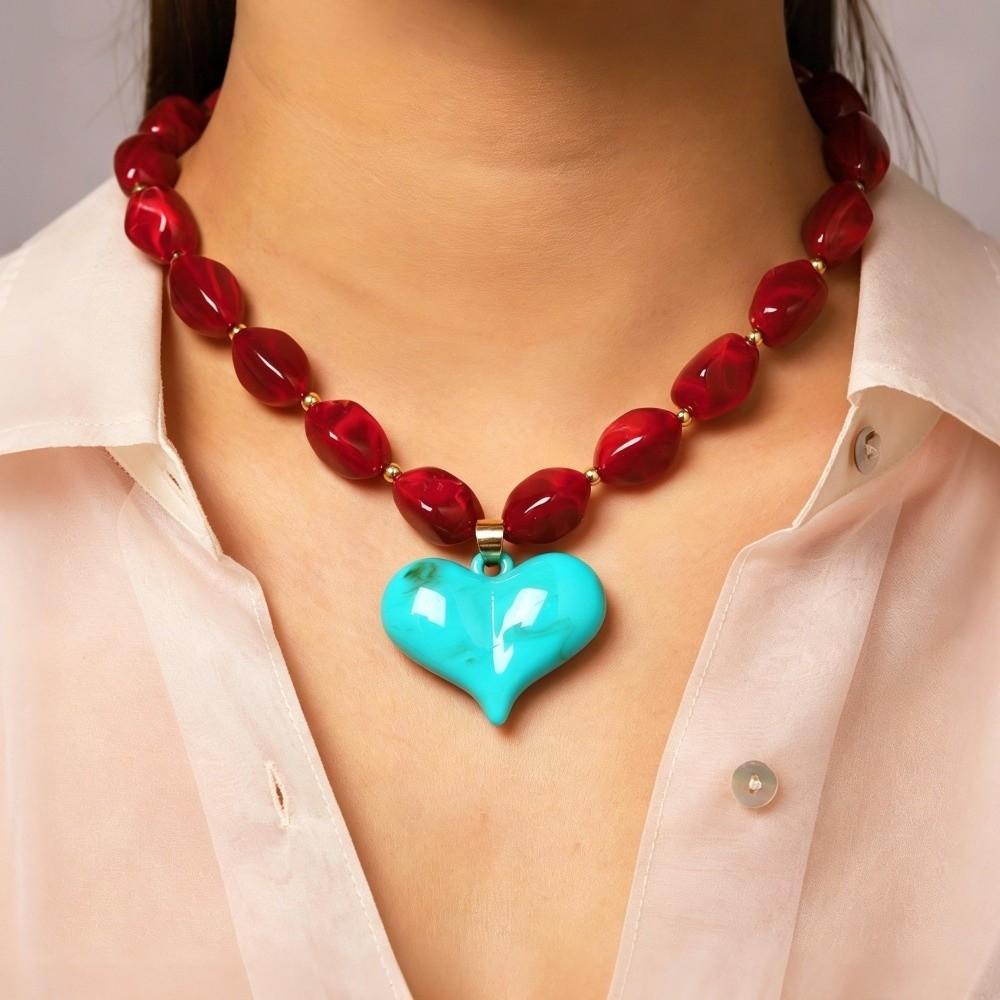 Multi-Color Bead Choker Resin Statement Jewelry Sweet Vintage Heart Pendant Necklace Vacation Wear