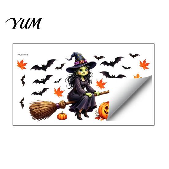 Safe Adhesive Autumn Scenery for Nursery Cute Halloween Wall Decals, Black Cat Witch Bat Pumpkin Stickers, Fall Removable Layered Three Dimensional