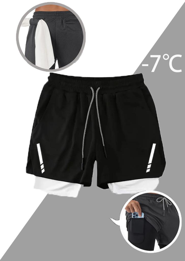 Men 2 In 1 Printed Quick Dry Sports Shorts Gym Workout Outdoor Shorts With Towel Hanging