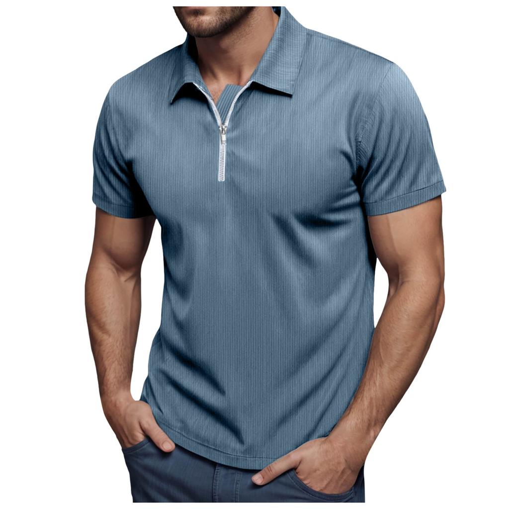 Men's Summer Loose Tee Corduroy Half Zipper Lapel Short Sleeved T-Shirt Solid Color Lightweight And Breathable Shirts Tops