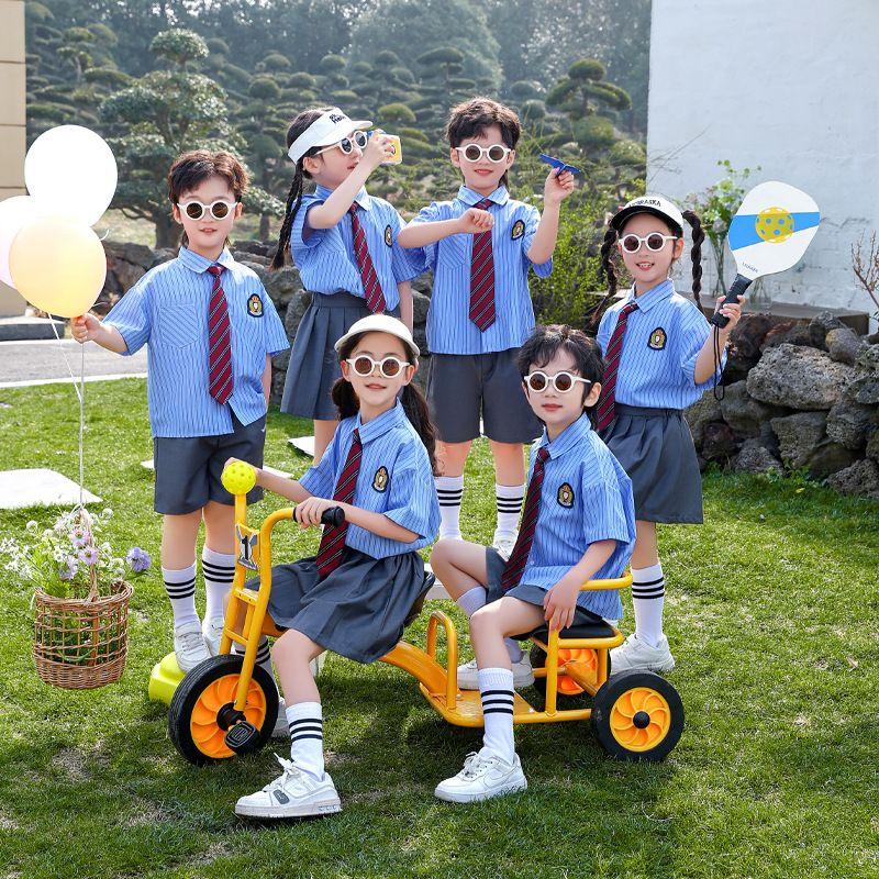 

1 Children s Costume Kindergarten Suit Preppy Style Primary School Student Graduation Photo School Uniform Business Attire Short Sleeve British Style Men s Blue Stripes Suit 140cm