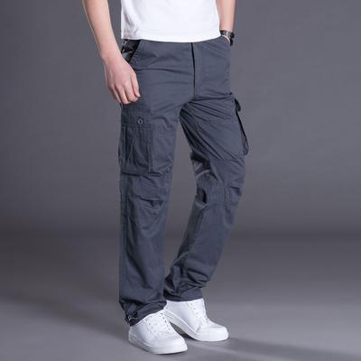 Men's Pure Cotton Loose Straight Cargo Pants - Large Size, Multi-Pocket, Casual Wear for Autumn and Winter