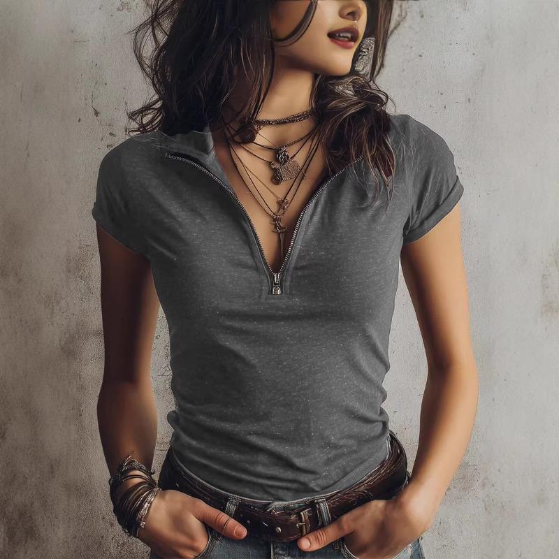 

Women s Casual Slim Fit Half Zip Short Sleeve T-shirt Vintage Solid Color Basic Top S сірий колір