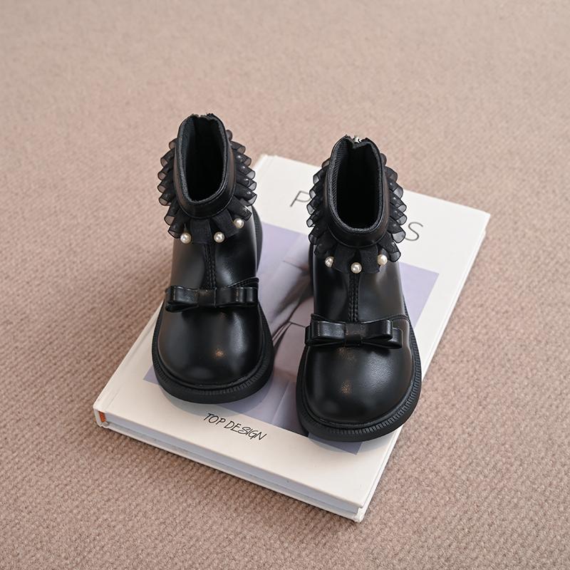 Girls Ankle Boots Sweet Children Short Leather Boots Lolita Style Kids Princess Boots with Bow-knot Spring Autumn 2024 New