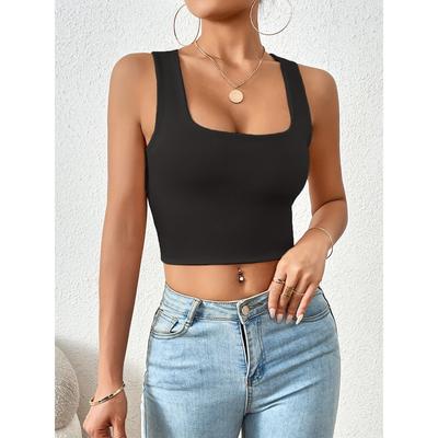 Women's Stretch Square Neck Sleeveless Short Top - Casual Knit Tank Top Machine Washable, Smooth Fabric,Casual Tops |Sleeveless Short Tops Blouses