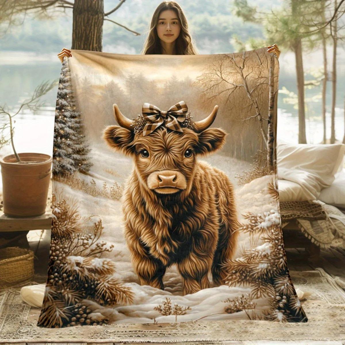 

Highland Cow Winter Scene Flannel Blanket | Soft Warm All-Season Farmhouse Decor & Multi-Occasion Gift 70x100cm білий
