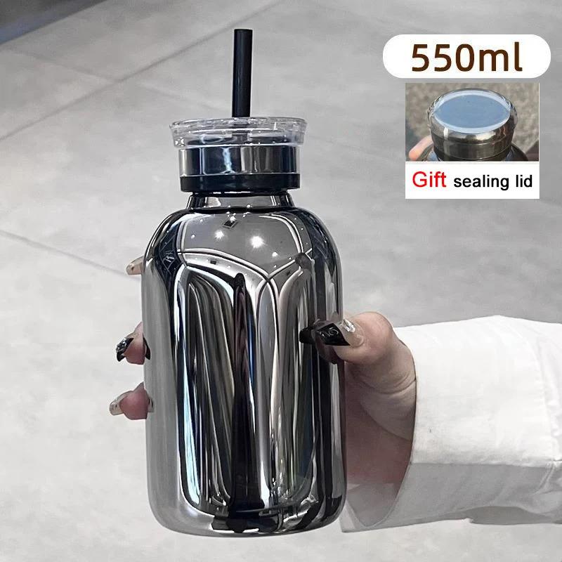 550-750ml Large Capacity Glass Water Bottle With Time Marker Transparent Juice Milk Glass Cup With Lid And Straw Drinking Bottle