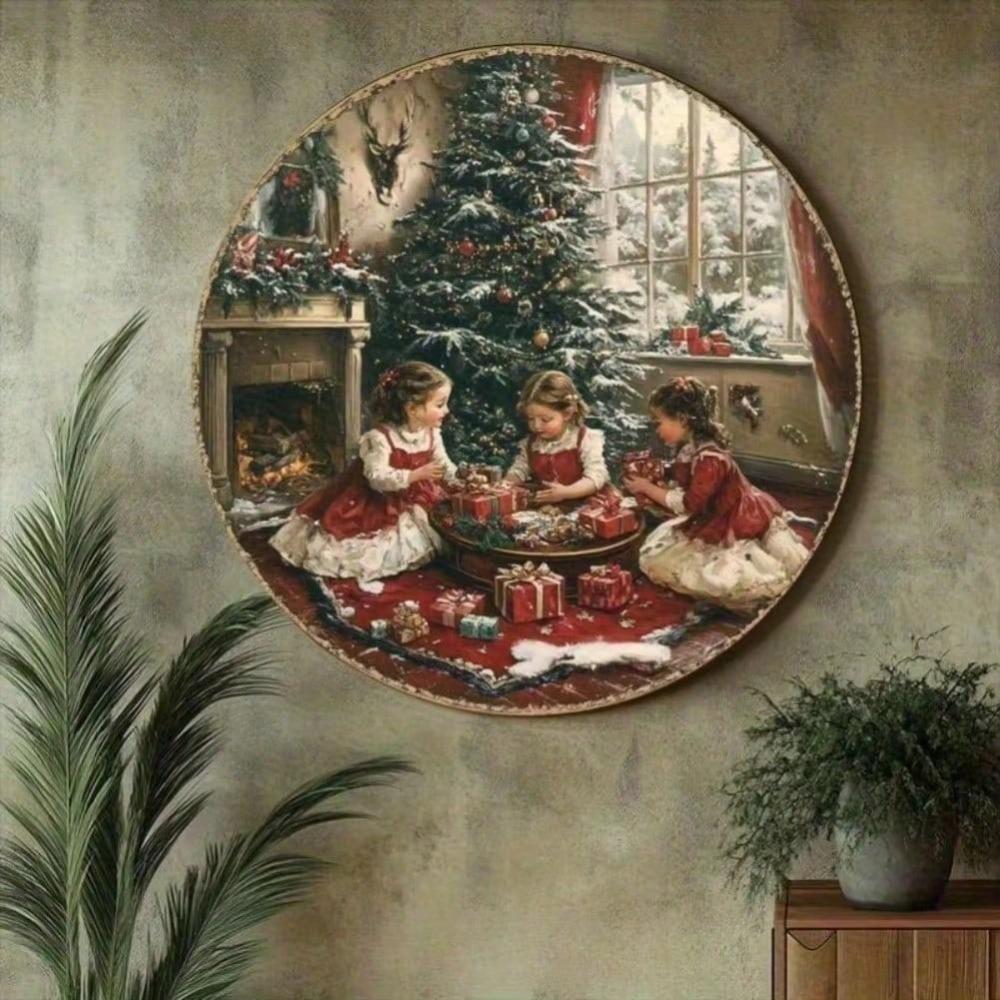 Vintage Christmas Circular Wall Tin Sign Retro Metal Poster Home Kitchen Decor