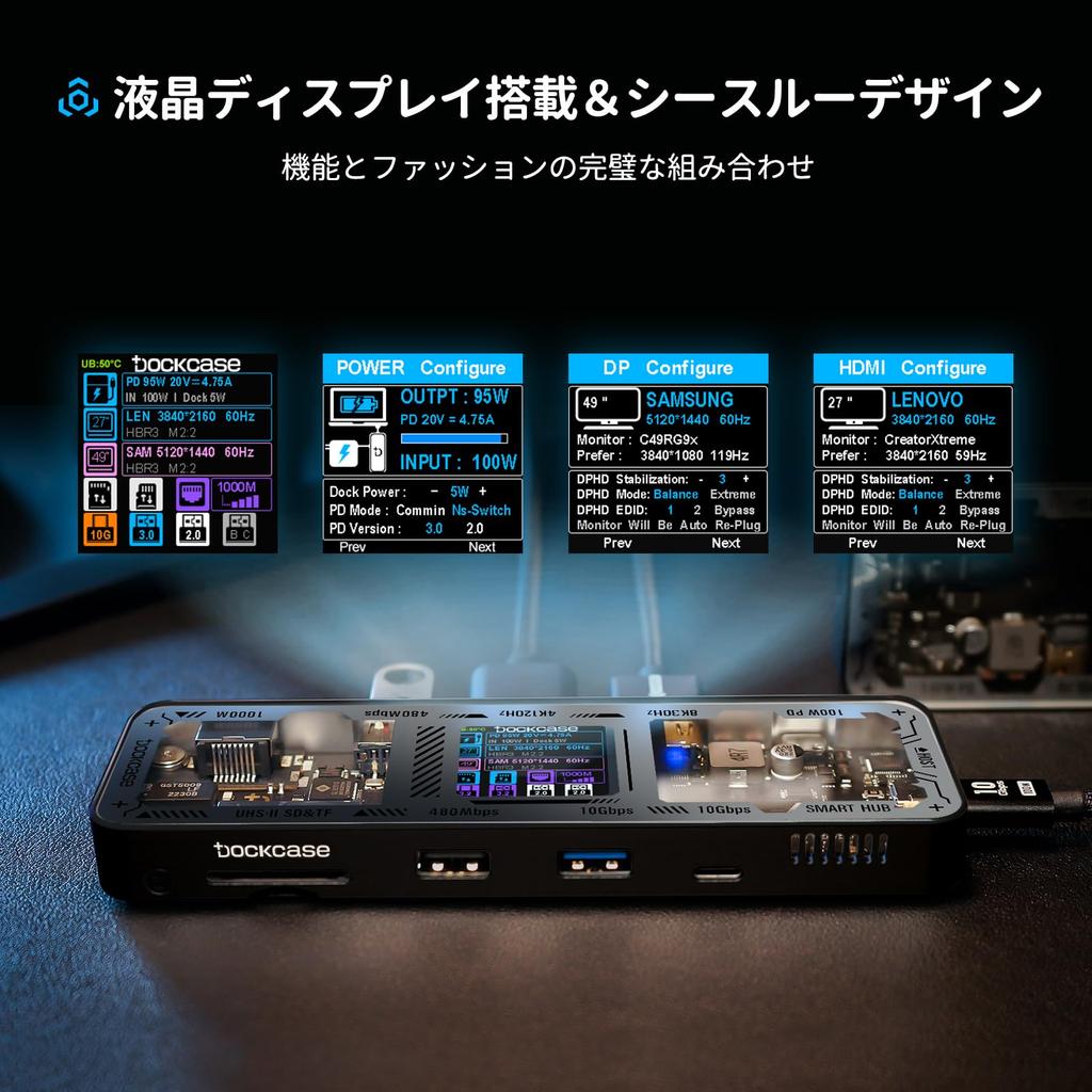 DOCKCASE usb c hub skeleton HDMI Gigabit and 10Gbps data 100w PD quick slot Compatible with MacBook 10-in-1 design, 4K@60Hz & DP, Ethernet, USB-C