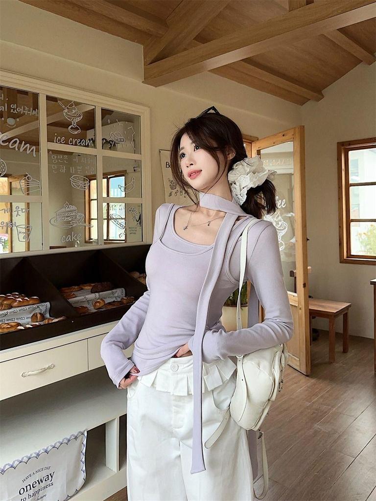 Women's Spring Wind Collar Long-Sleeve Ribbon Two-Piece Design T-Shirt