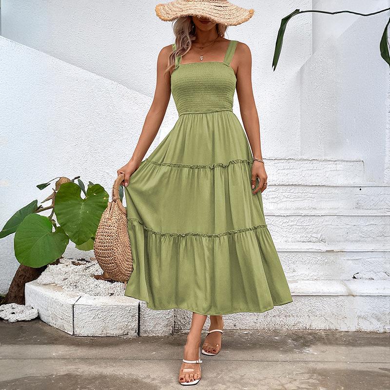 VEZFAA Kvinnemote Sommer Vår Ensfarget Print Ermeløse seler Høy midje Uformelle kjoler