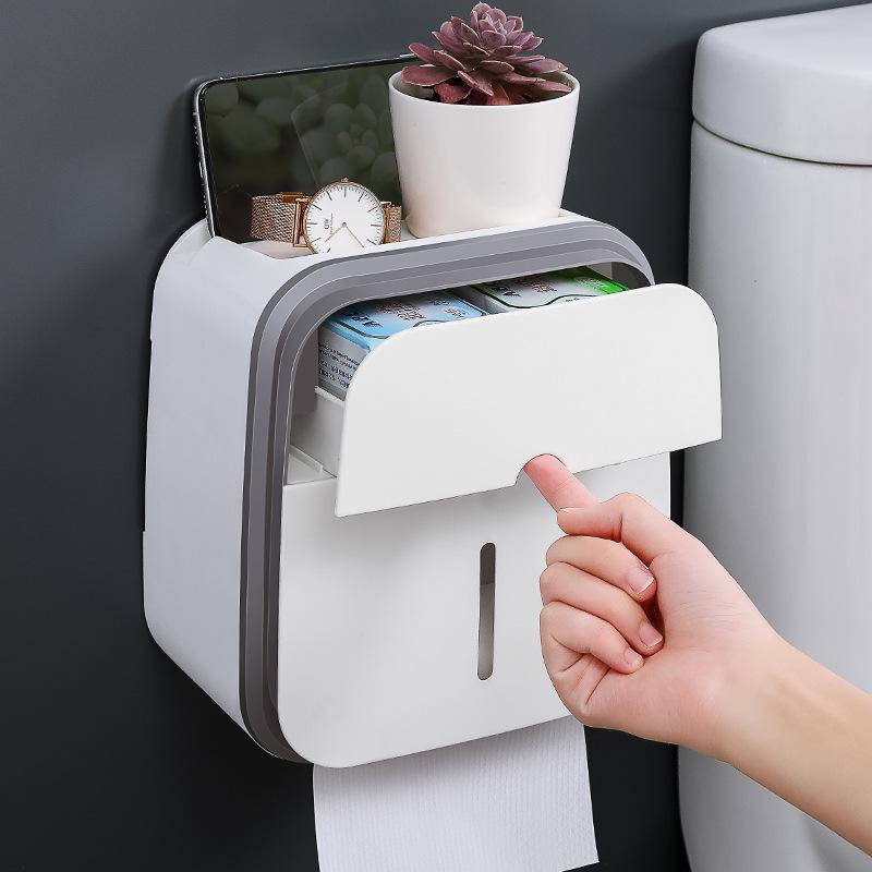 Wall-Mounted Bathroom Tissue and Phone Holder with Storage for Sanitary Supplies