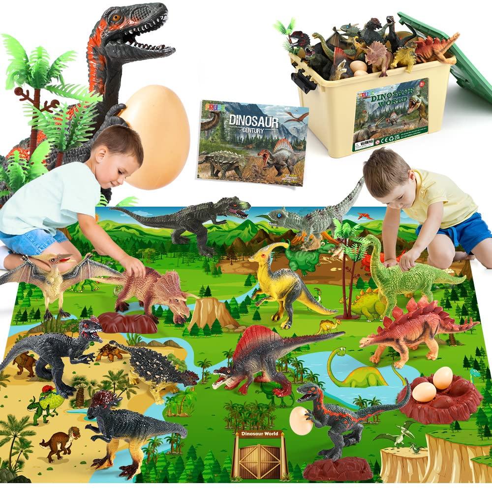 Dinosaur Toys, 12-Piece Realistic Dinosaur Figure Set with Jumbo Play Mat and Informative Dinosaur Book, Figure Toy Storage Box, Educational Figure