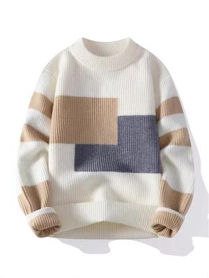 Men's Stylish Contrast Color Winter Knit Sweater - Loose Fit, Warm and Trendy