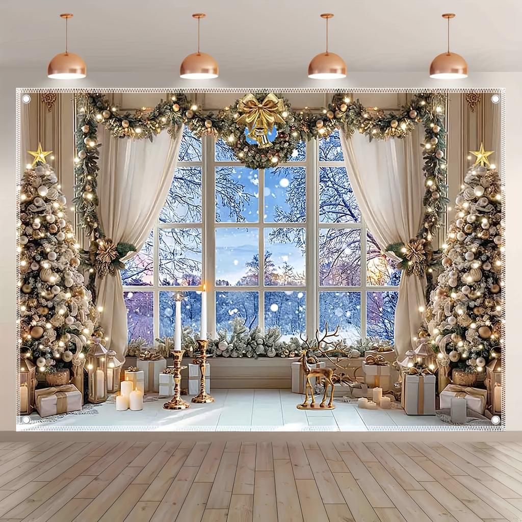 2D plane, 1pc winter snow scene Christmas photography background - polyester fiber, indoor/outdoor party decoration