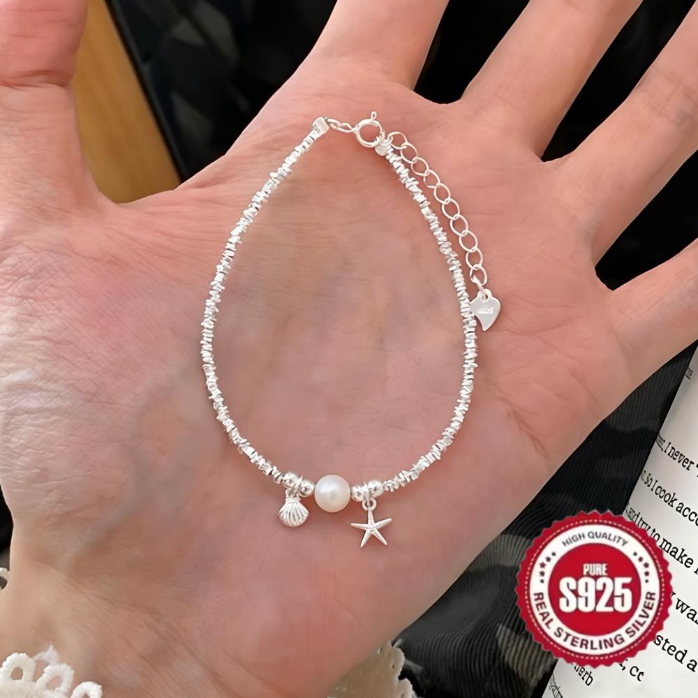 925 Silver Plated Pearl Shell Bracelet for Women Exquisite Summer Ocean Starfish Bohemian Style Adjustable Bracelet Jewelry Gift