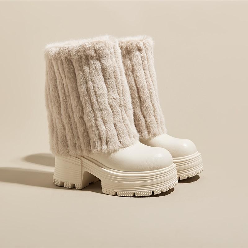 Botas de Tacón Alto para Mujer Plataforma de Lana Botines Medios para Mujer Cuero Genuino Moda Botas de Motero Damas