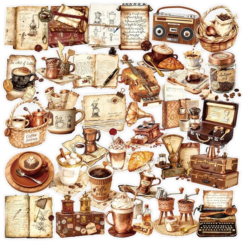 56 Piezas Vintage Café PET Pegatina para Teléfono Estética Decoración para Rasgar Decoración DIY Colorida Pegatinas de Graffiti para Portátil Equipaje