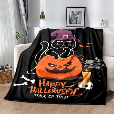 1pc Trick or Treat Cat & Pumpkin Halloween Blanket  Soft & Cozy, Living Room, Travel, Camping, Car Blankets
