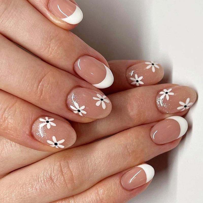 User Friendly Artificial Nail Flower Glitters French Styles Fake Nail for Daily Use Safe Plastic Finger Enhancements