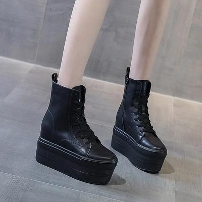 Herbst Echtes Leder 10CM Super Dicke Sohle Plateau Keilabsatz Versteckter Absatz Stiefel Schuhe Reißverschluss Winterstiefel Knöchel Warme Stiefeletten