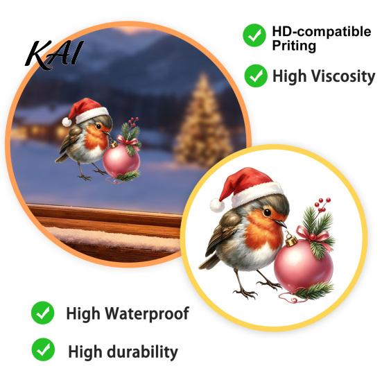 Christmas Window Decals Bird Cling, Static Sticker with Santa Hat And Bauble, Cute Holiday Patterns Waterproof UV-Resistant Glass Decal for