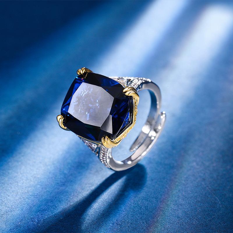Jewelry Copper Bottom Gold-Plated Simulation Color Treasure Corundum Fat Rectangular Square, Including Ring Female 14 * 16