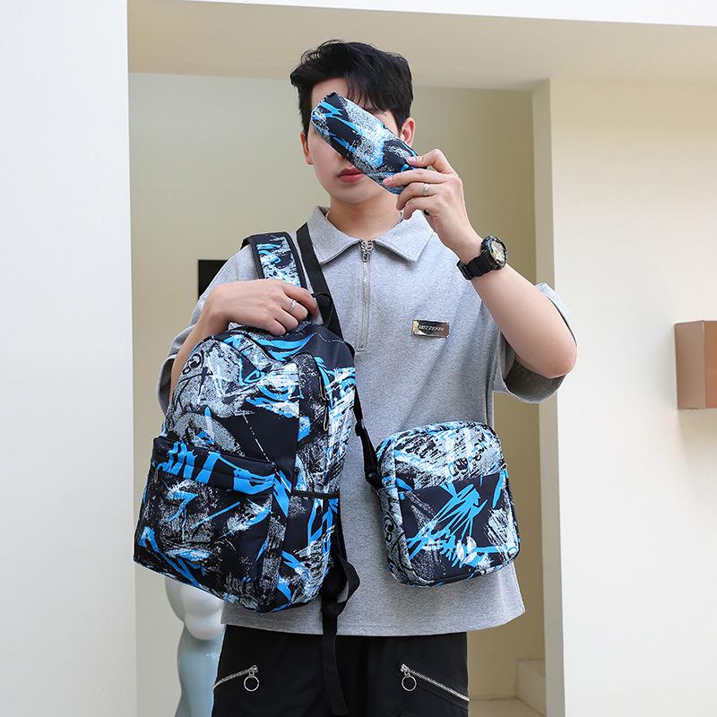 School bag fashionable men's three-piece backpack, primary and secondary school student school bag fashionable large-capacity anti-splashing backpack