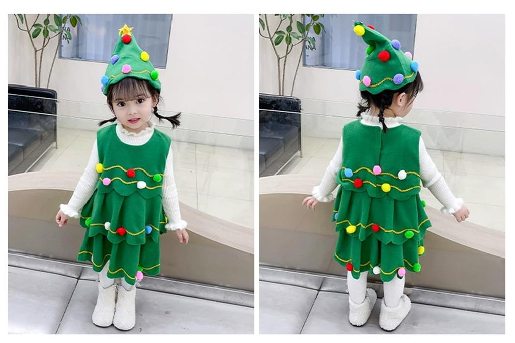 Lalapala Christmas Tree Cosplay Costume for Kids, Christmas Costume for Girls and Boys, Includes Hat, Super Cute, Perfect for Christmas Parties,