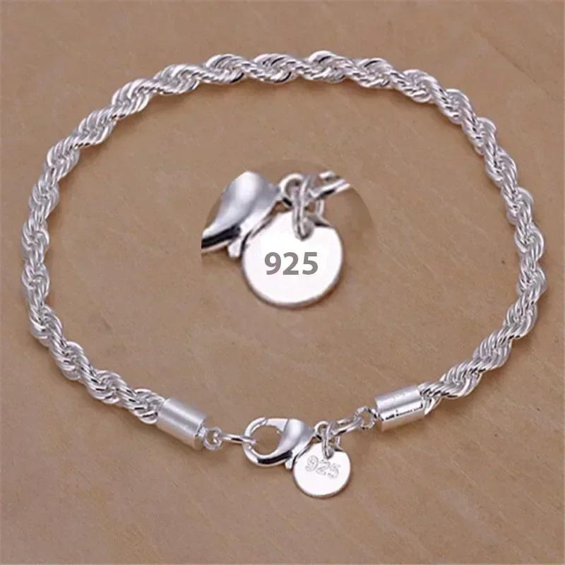 Fashion Charm 925 Silver Bracelet For Men Women Minimalist 4MM Twisted Rope Chain Bracelet Unisex Couple Jewelry Gifts
