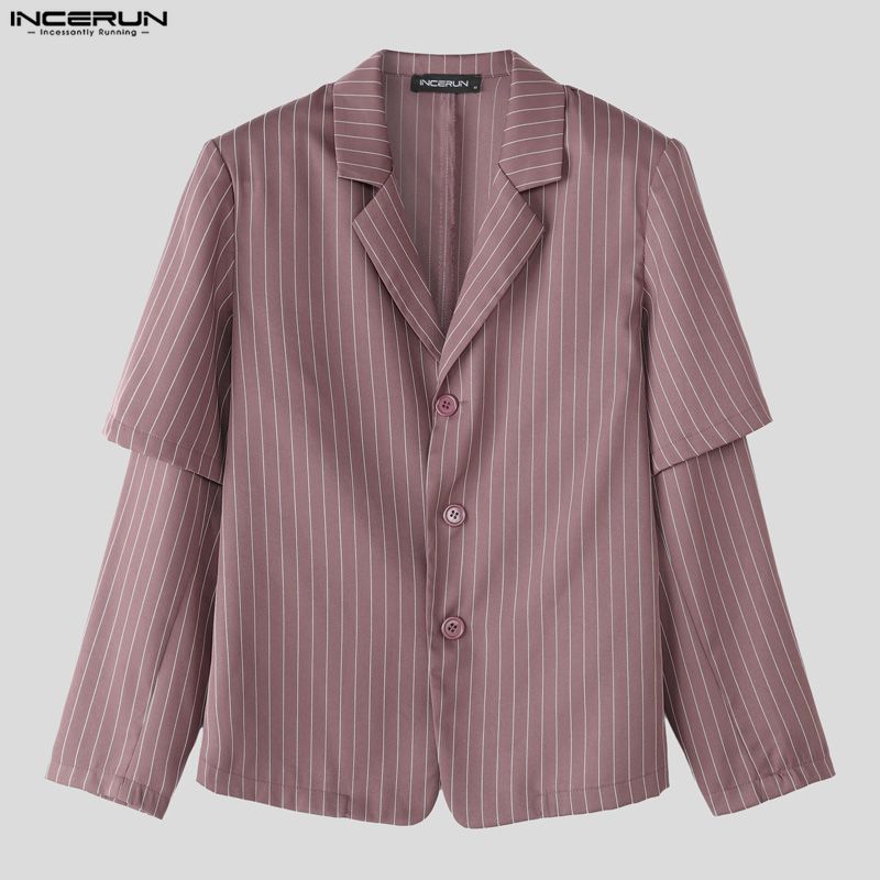 INCERUN Men Sets Layers Long Sleeve Striped Tops and Long Pants Casual Suits