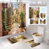 Вулиця стародавнього міста Сходи Сходи для душу з принтом Завіса для душу та килимки Водонепроникні з 12 гачками Нековзкий килимок для ванної кімнати Килимок для туалету U-подібної форми Накладка для кришки кришки унітазу
