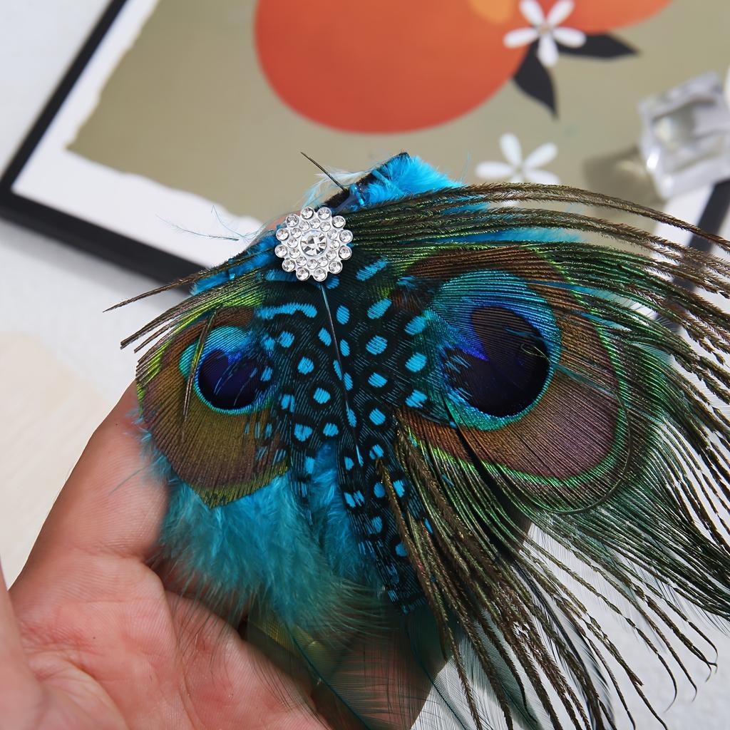 An Artificial Peacock Feather Hair Accessory, Adorned with Rhinestone Floral Clips, for Special Occasions And Stylish Outfits.