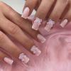 24Pcs Short Square Press On Nails White Rhinestone Flower French Tip Full Cover Reusable Fake Nail Tips