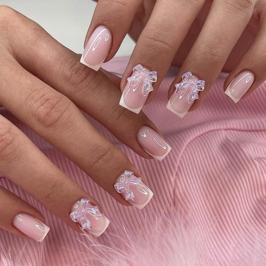 24Pcs Short Square Press On Nails White Rhinestone Flower French Tip Full Cover Reusable Fake Nail Tips