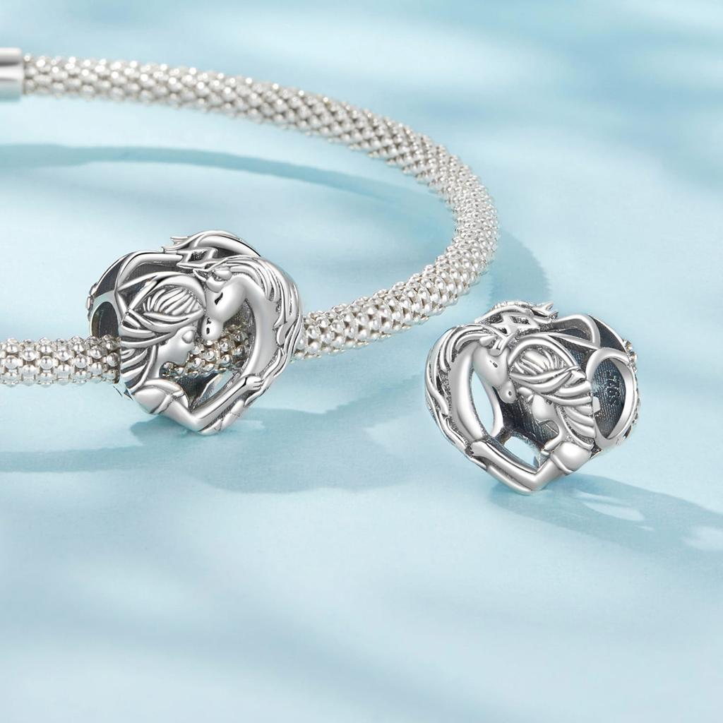 Silver heart charm girl with horse beads silver 925 bead