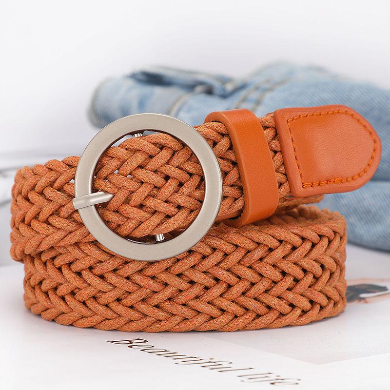 

Stylish Womens Woven Waist Belt With Round Buckle Versatile Decorative Fashion Accessory YellowBrown