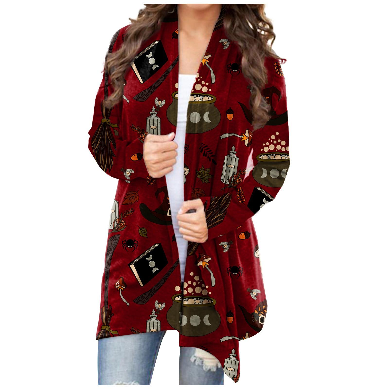 

Женский кардиган, свободное повседневное верхнее пальто с карманами и длинными рукавами с принтом Хэллоуина M винный
