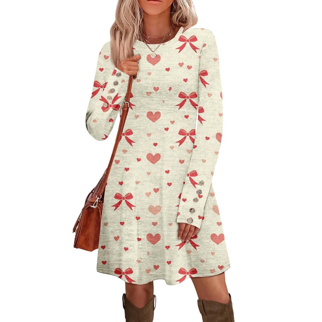 Damenmode lässiges Kleid mit Tasche, dekorativen Knöpfen, Rundhalsausschnitt, langen Ärmeln und Print