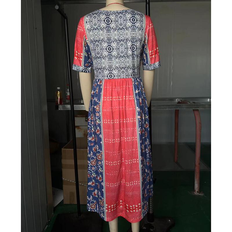 Sommer Böhmisch Bedrucktes Übergröße Damenkleid Mode Rundhals Kurzarm Lässige Lange Kleider Damen Elegant A-Linie Urlaubs Strandkleid 26653