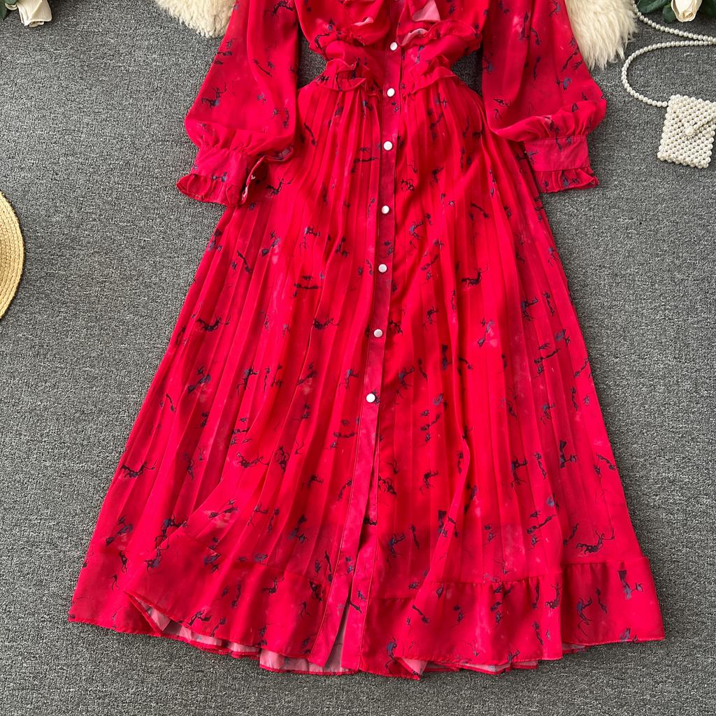 Autumn Women Vintage Printed Pleated Long Dress Female Red/Green/Blue/Yellow Draped Ruffle Single Breasted Maxi Robe Vacation Dresses
