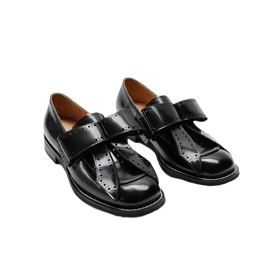 Leder Britische Schleife Schleife graviert Brock kleine Lederschuhe für Männer und Frauen im gleichen Stil, Autonaht dicker Absatz Slipper einzelne Schuhe