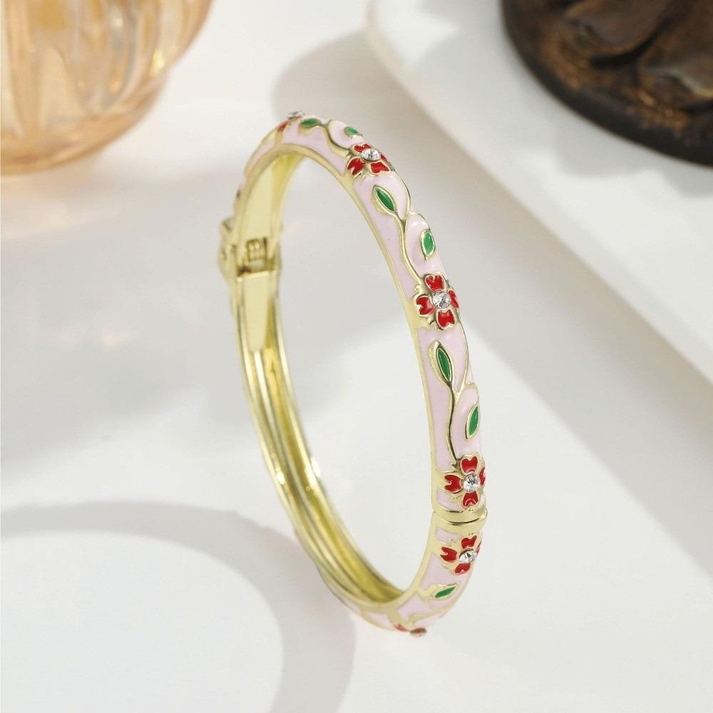 Metal Cloisonne Bracelet Retro Enamel Flower Bangle Closed End Enamel Bracelet Ethnic Style